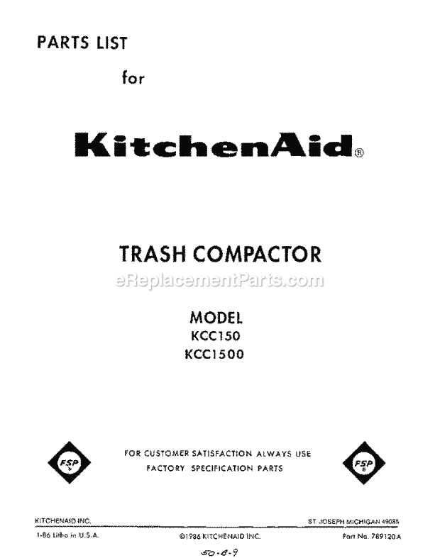 kitchenaid trash compactor parts diagram