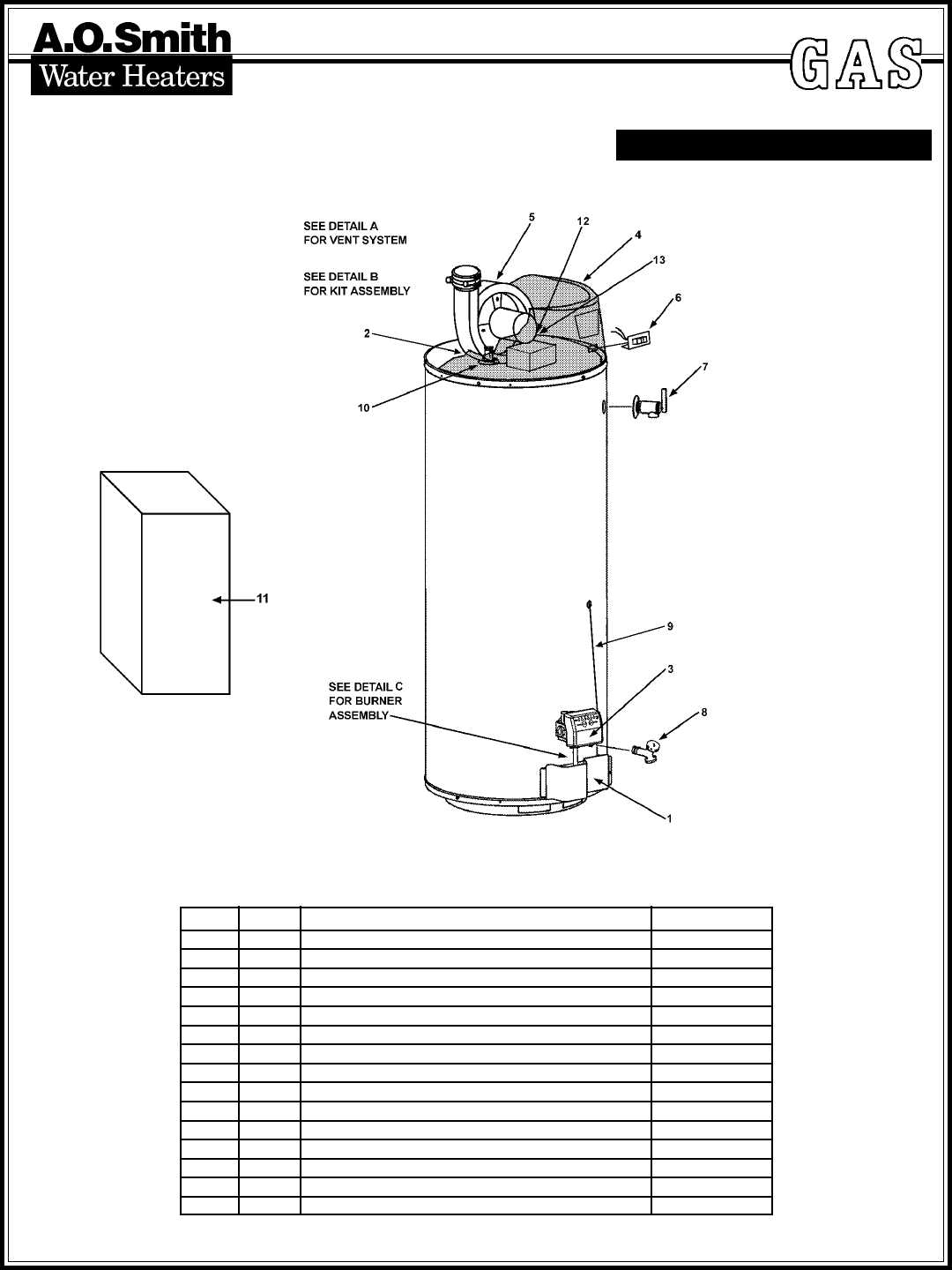 ao smith gas water heater parts diagram